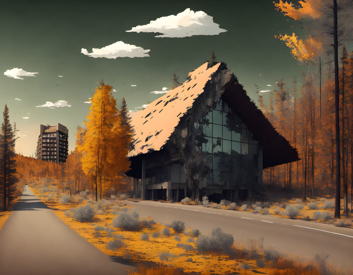 Modern glass house in snowy autumn setting with golden foliage and distant building.