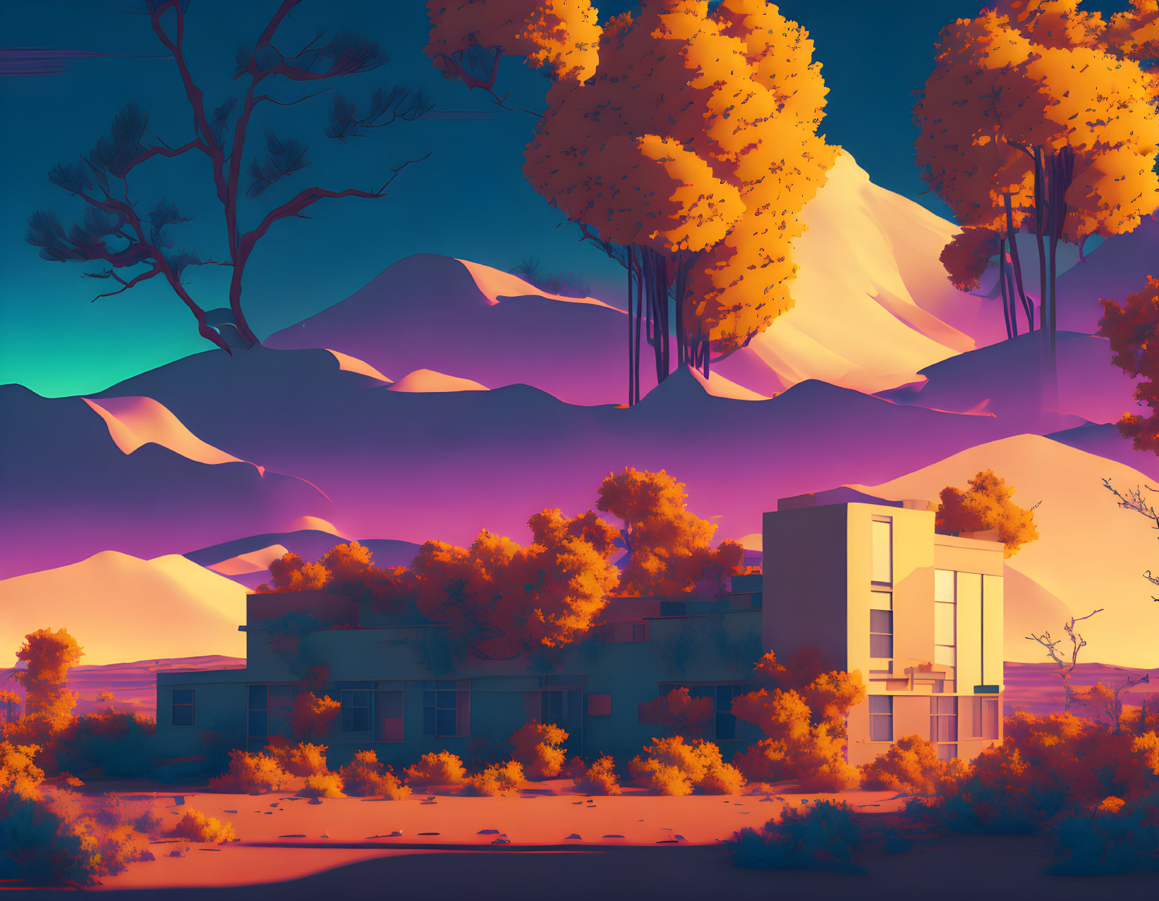 Modern house in desert sunset with orange trees & mountains