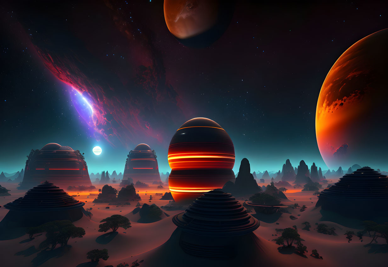 Surreal sci-fi landscape with ringed planets, exotic structures, and colorful nebula