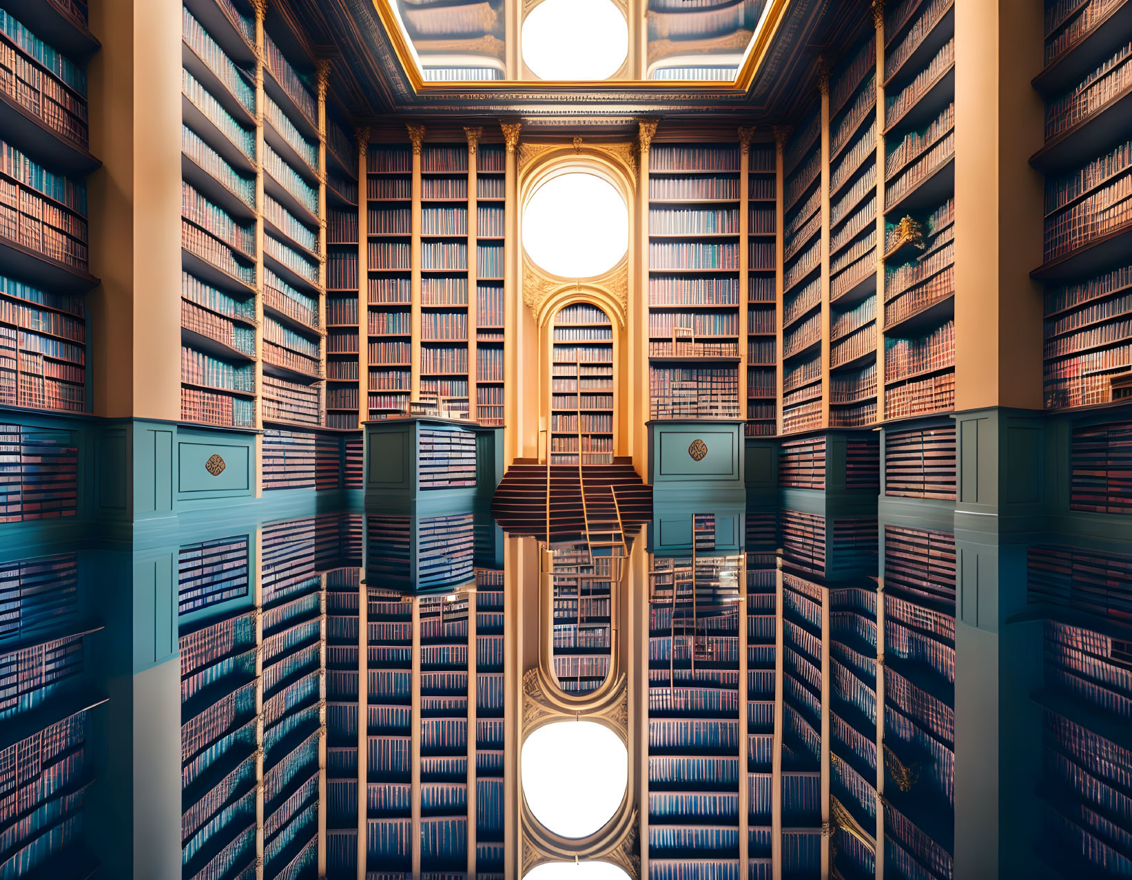 Grand library with tall wooden shelves, arched windows, and reflective floor