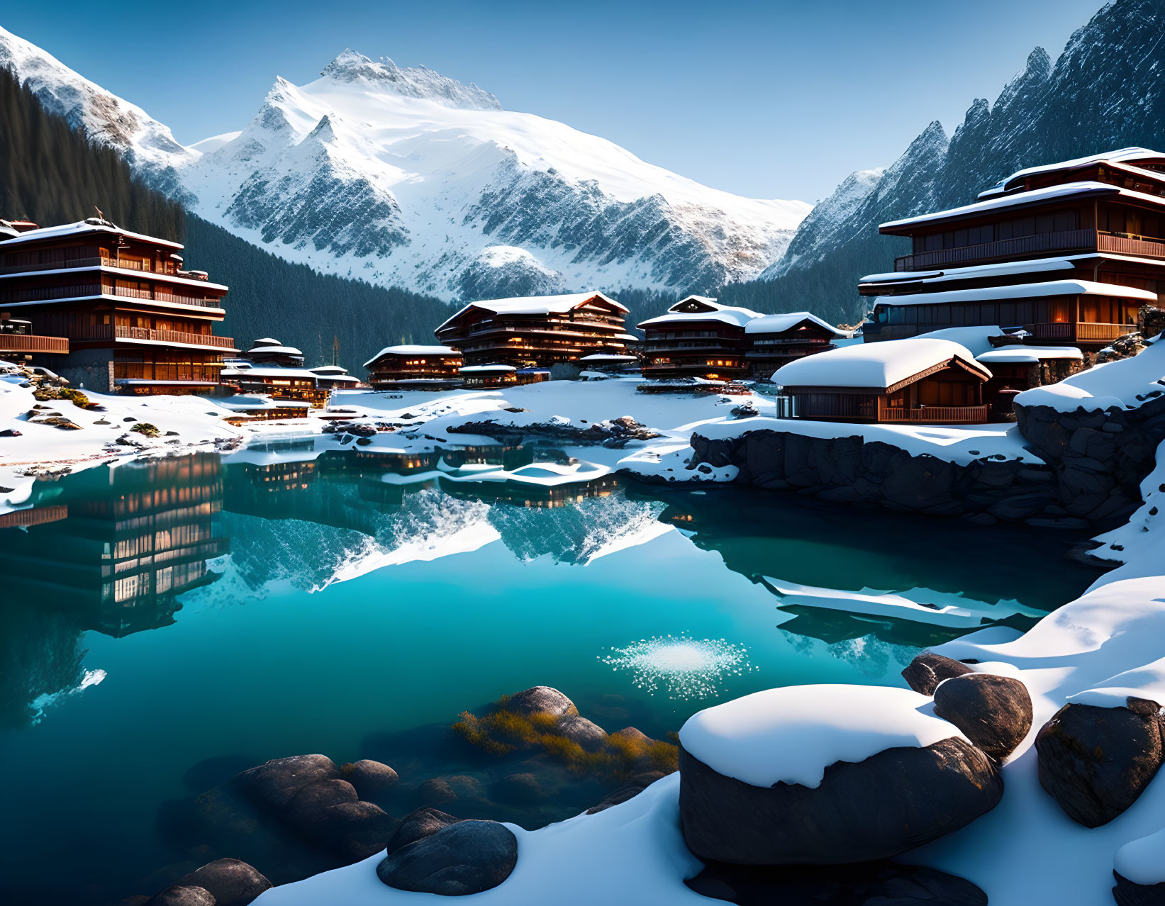 Snow-covered chalets in serene winter landscape with mountain lake and alpine peaks