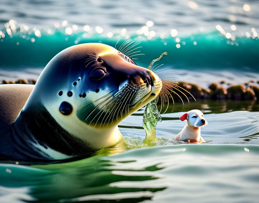 Smooth-coated seal and patterned skin next to dog in duck floaty