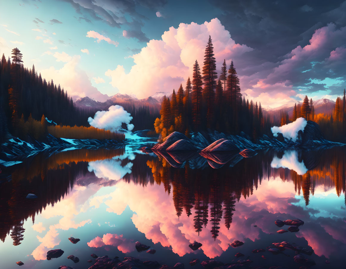 Serene Mountain Lake Sunset with Vibrant Reflections