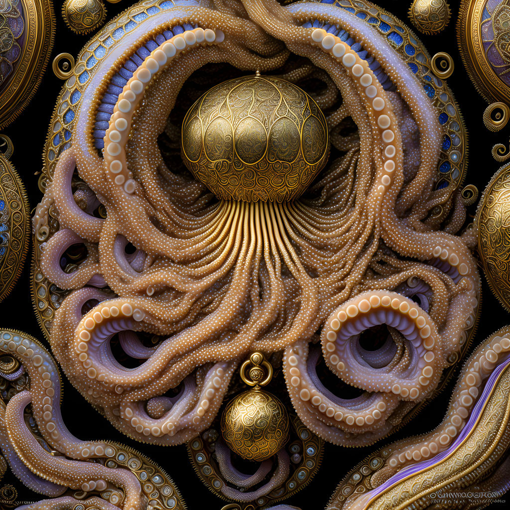 Intricate digital artwork featuring ornate tentacle-like forms and baroque steampunk style