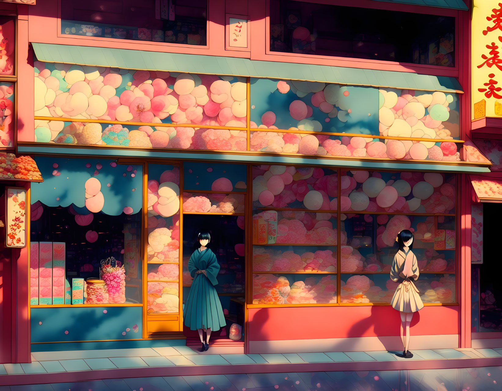 Colorful illustration of two people by candy-filled shop at sunset