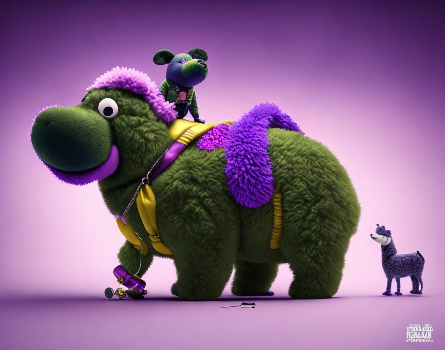 Colorful illustration of green dinosaur, small creature, and grey llama on purple background