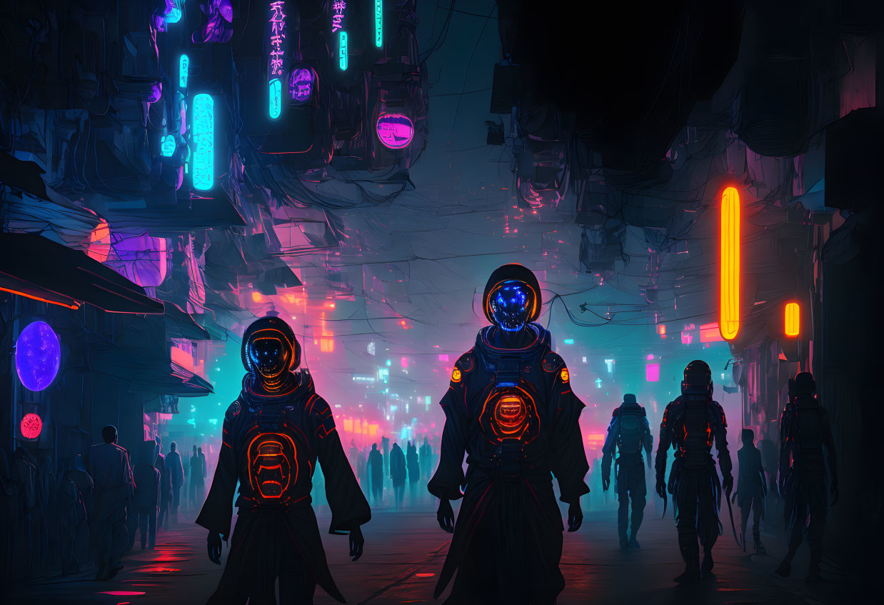 Futuristic neon-lit cityscape with advanced suits and bustling atmosphere