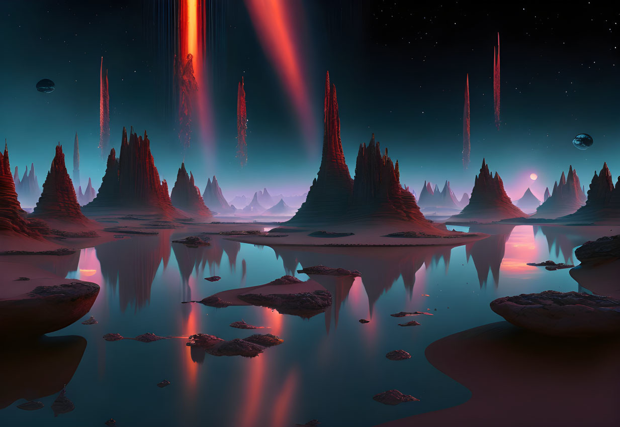 Alien landscape with towering spires, reflective water, orbs, celestial events