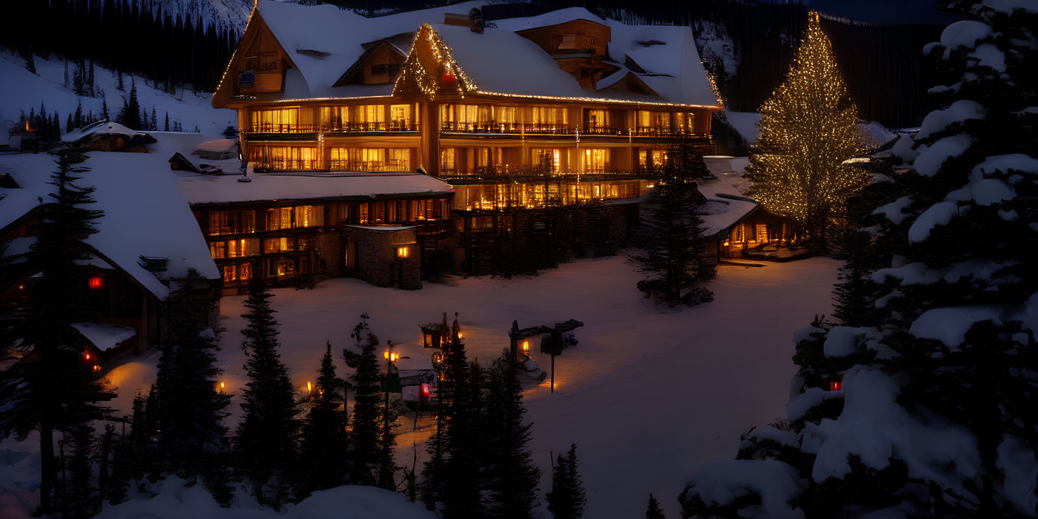 Snow-covered lodge with glowing lights and Christmas tree in winter evening scene