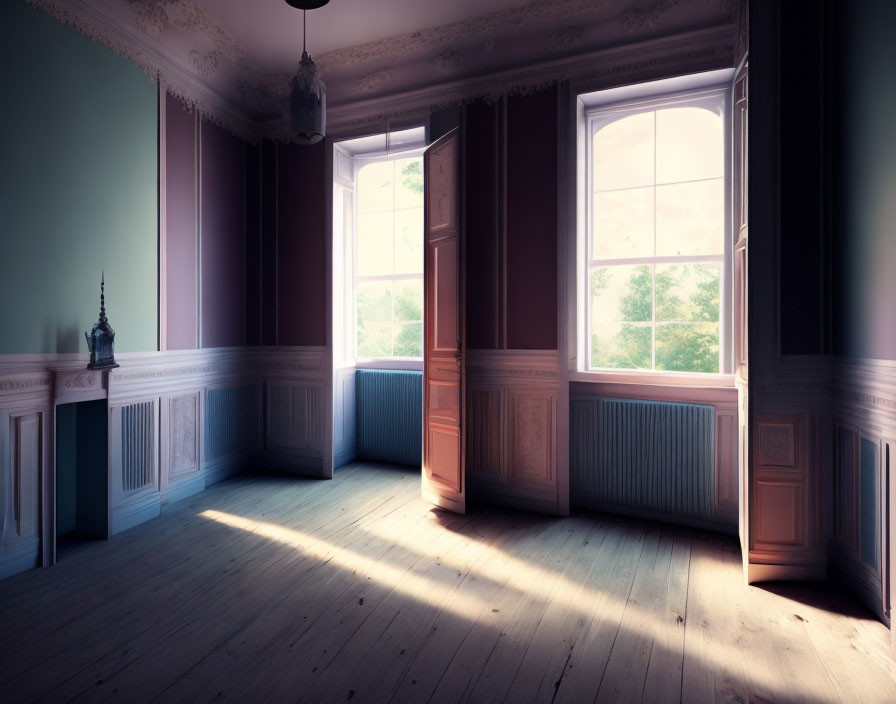 Sunlit empty room with tall windows, blue walls, and wooden floor