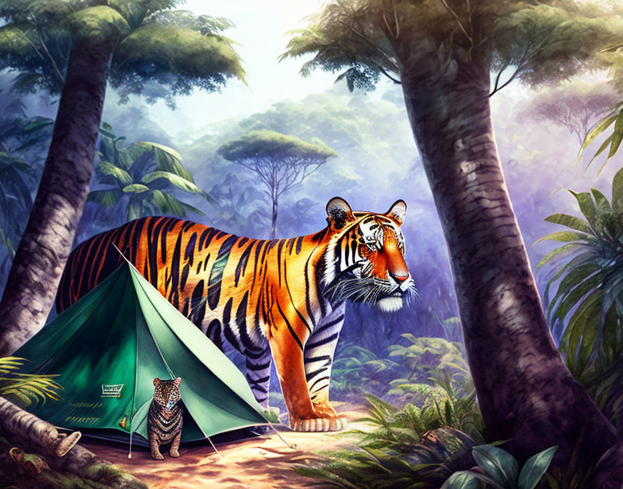 Majestic tiger and cub in dense jungle scene