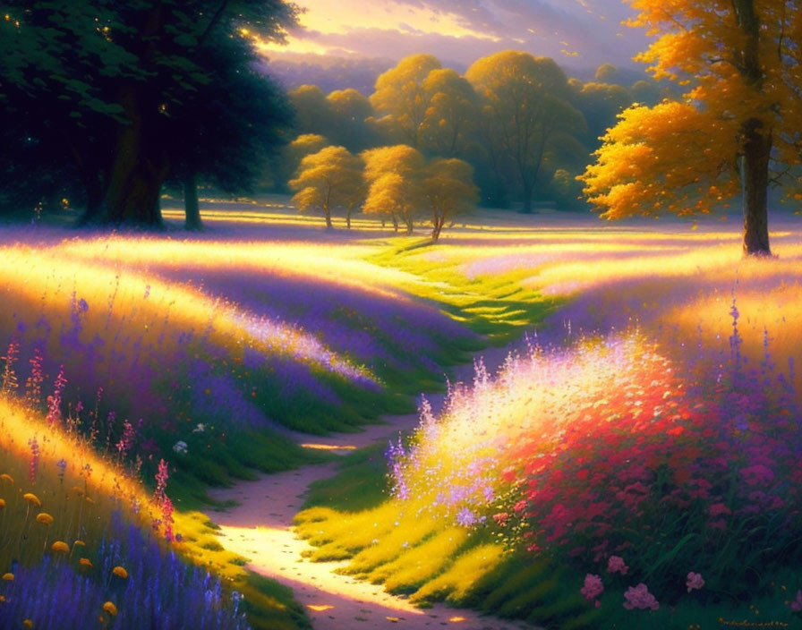 Tranquil landscape with winding path through vibrant wildflowers