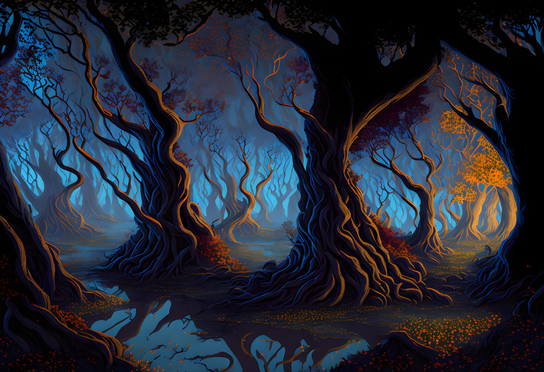 Twilight mystical forest with twisted trees and glowing foliage