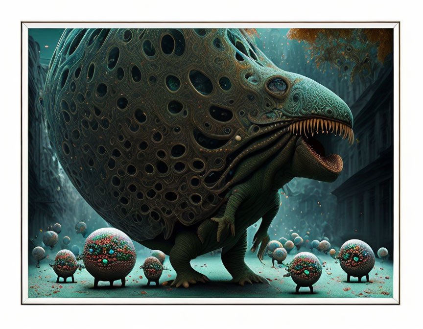 Porous spherical creature with dinosaur-like head in surreal forest