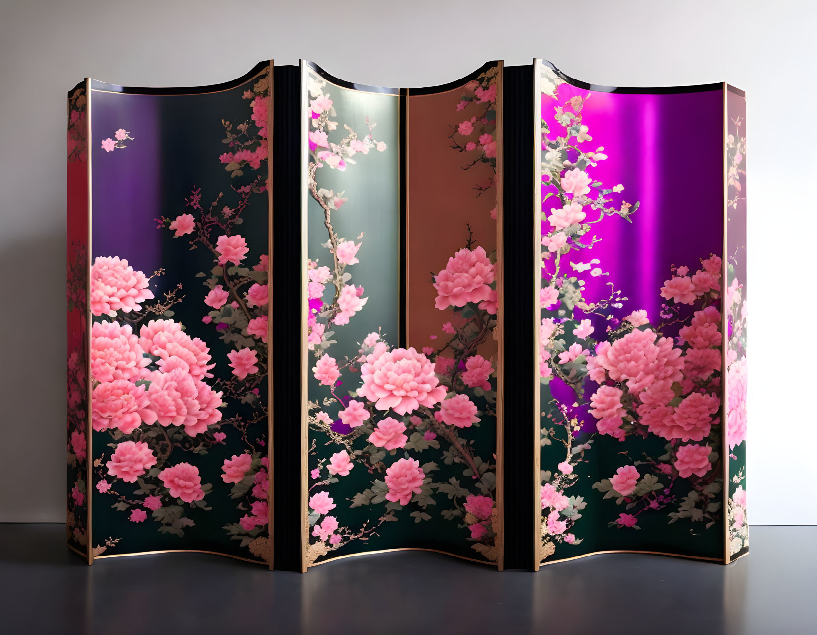 Vibrant Pink Cherry Blossoms on Black-Purple Folding Screen