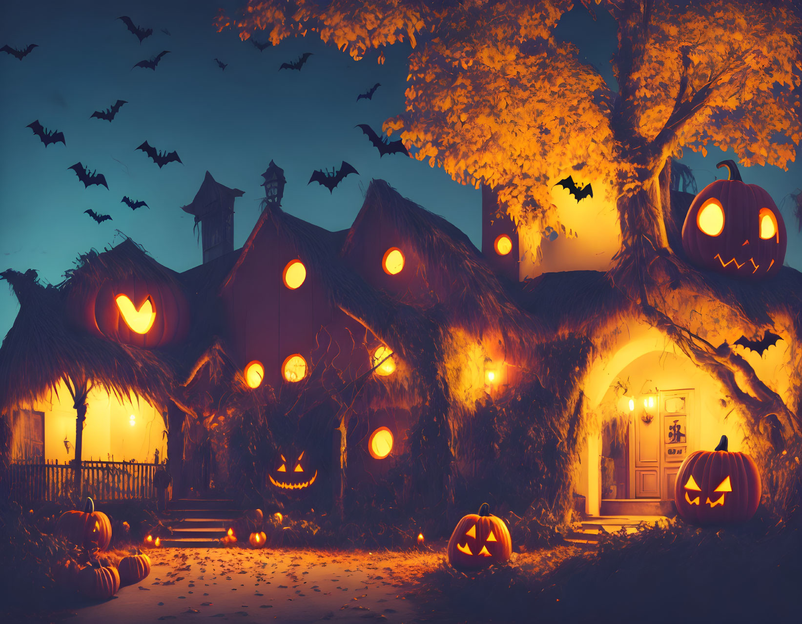 Spooky Halloween scene with jack-o-lanterns, bats, thatched-roof house,