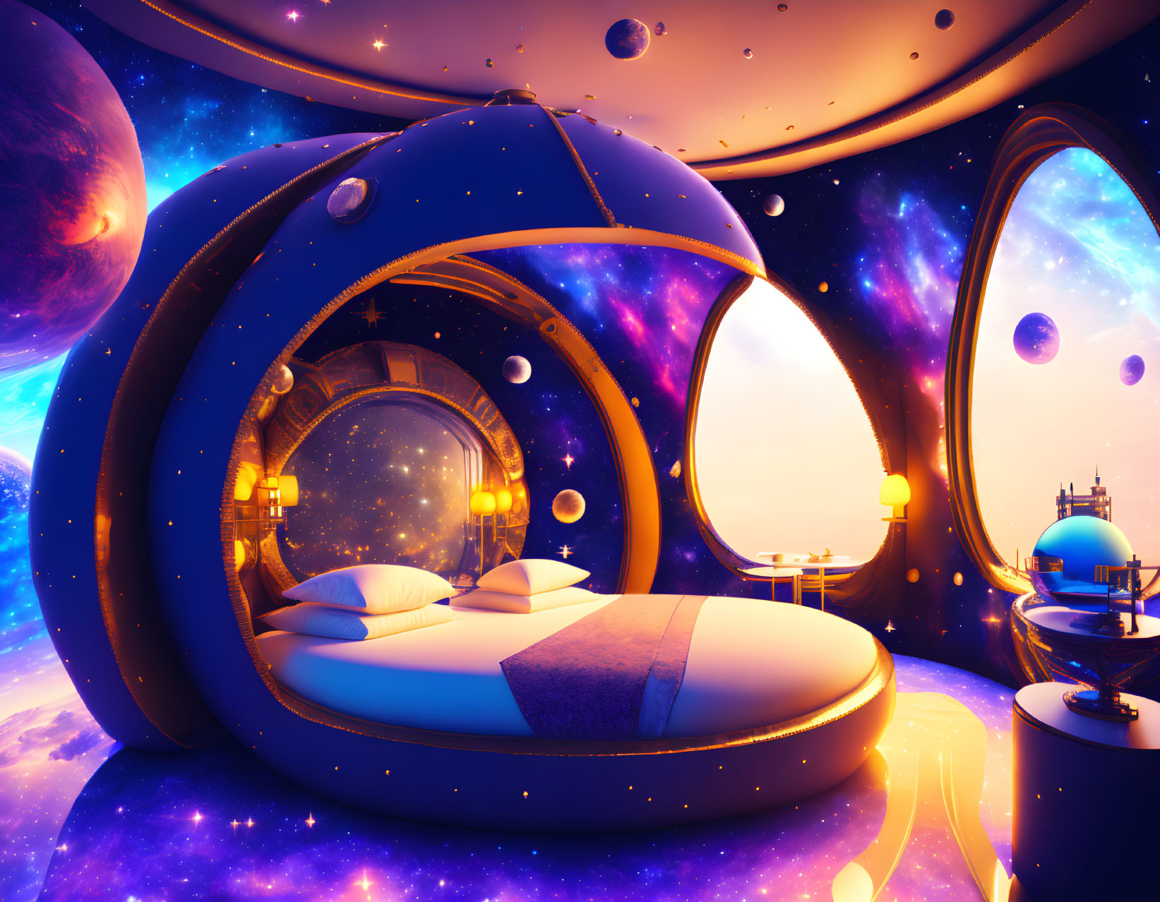 Futuristic bedroom with cosmic-themed decor and round bed