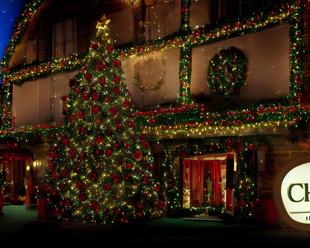 Festive Christmas hotel with bright lights and decorations in snowy night.