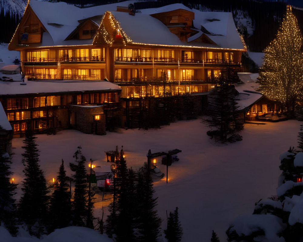 Snow-covered lodge with glowing lights and Christmas tree in winter evening scene