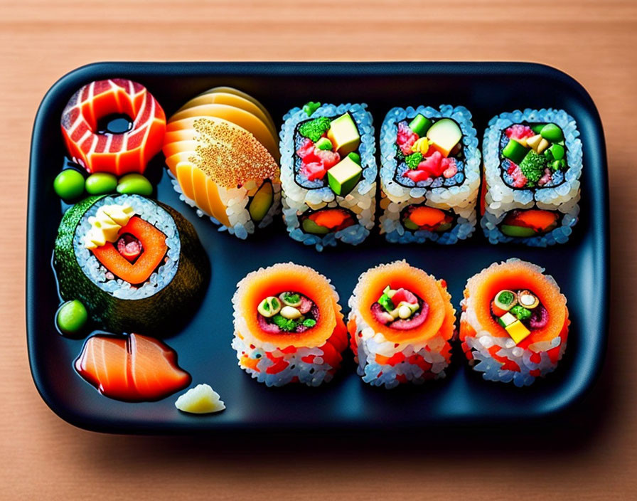 Assorted sushi and sashimi with nigiri and rolls on black tray