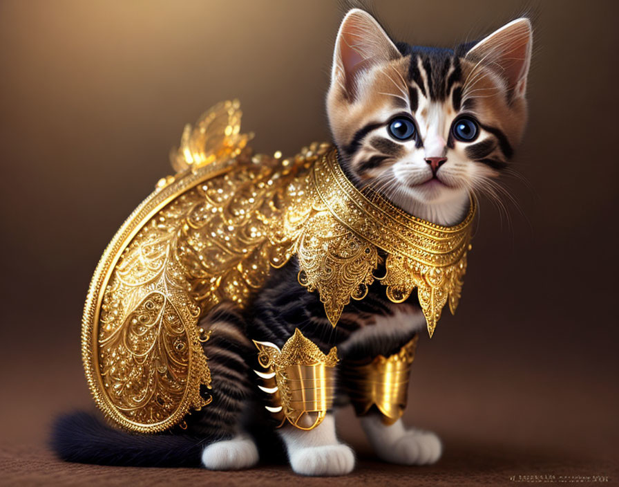 Blue-Eyed Kitten in Golden Armor with Intricate Designs