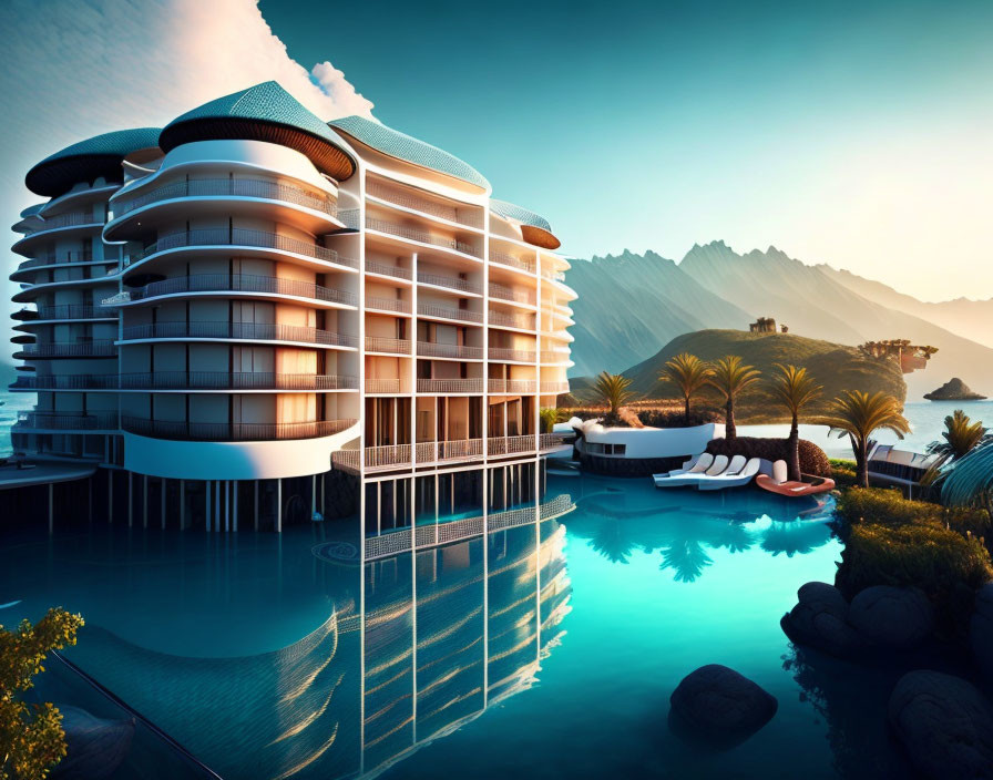 Luxurious waterfront hotel with layered balconies at sunset and mountain backdrop