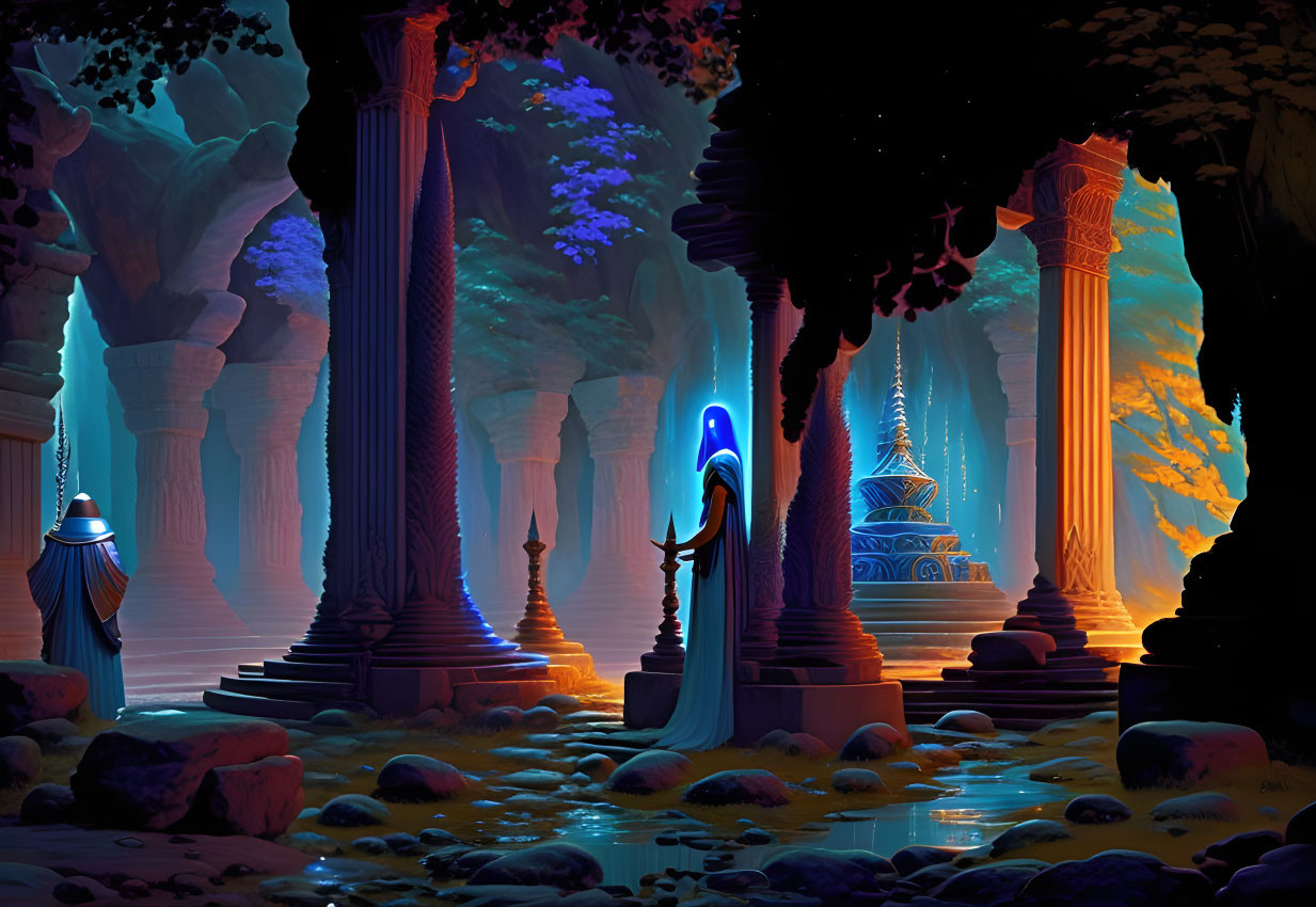 Mystical forest scene with ancient columns, cloaked figure, glowing lights, and temple