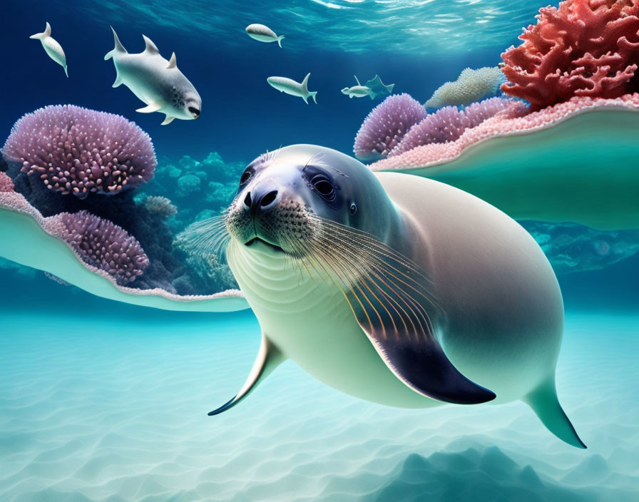 Seal swimming among colorful coral reefs and fish in serene ocean