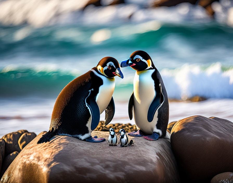 Adult and chick penguins on rocky shore with waves in background