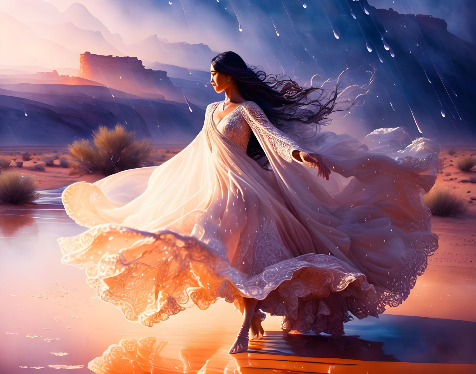 Woman twirls in elegant gown by water at sunset with desert landscape and rain.