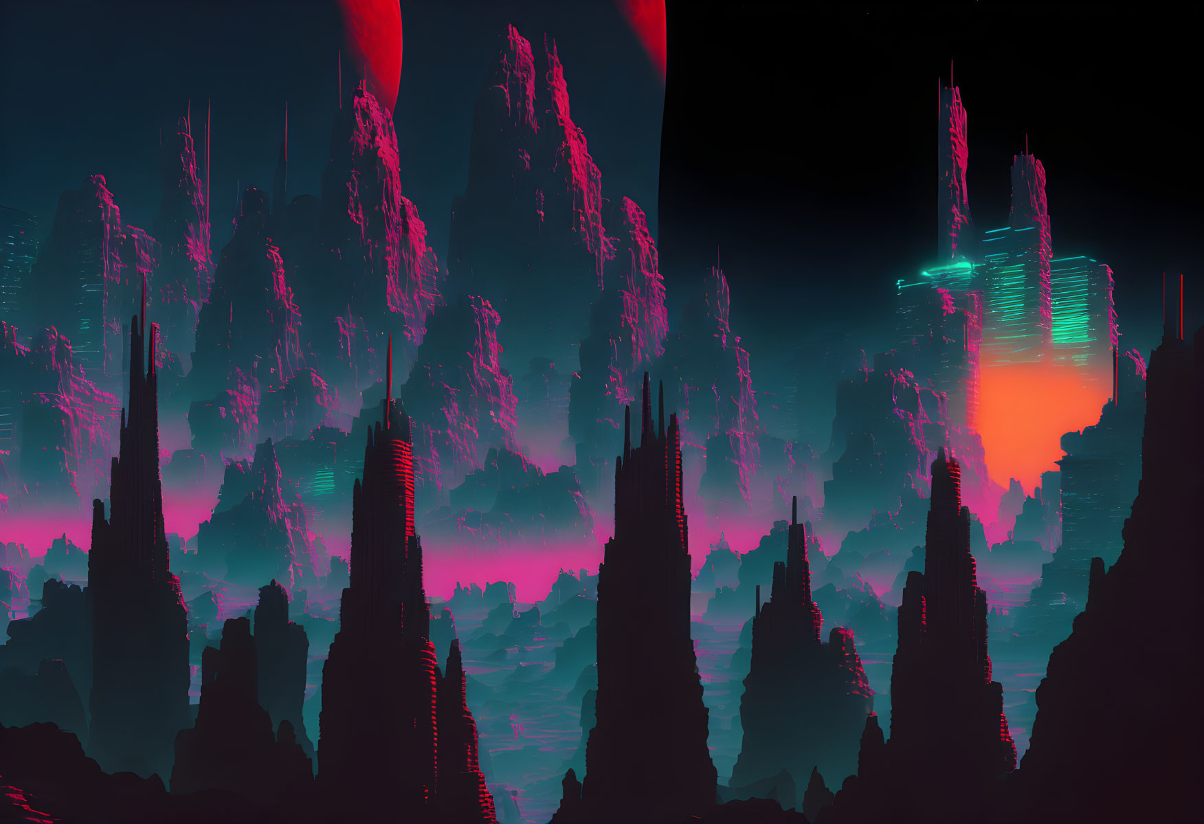 Futuristic neon-lit cityscape with towering skyscrapers and red celestial bodies