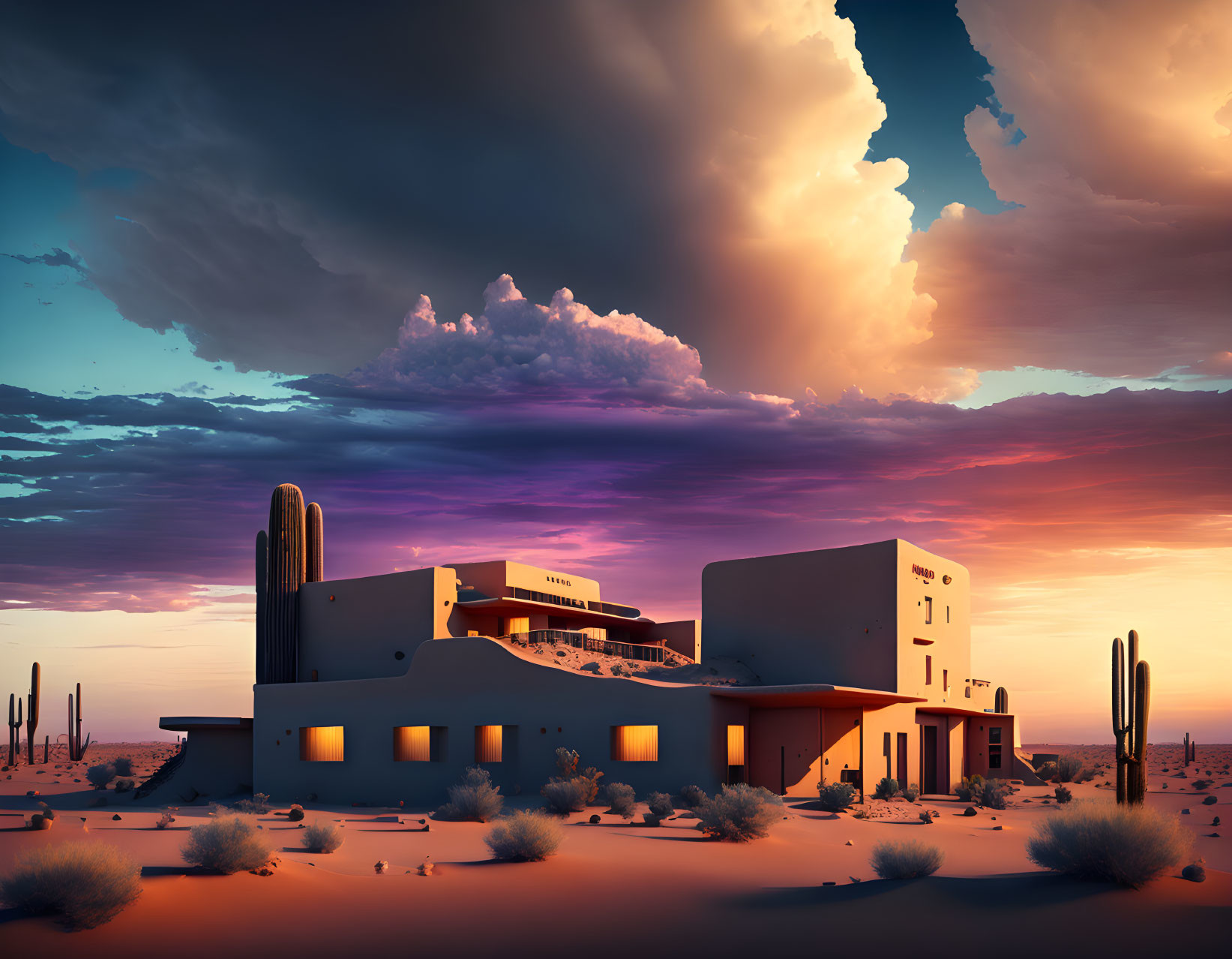 Desert sunset with modern building and cacti under dramatic sky