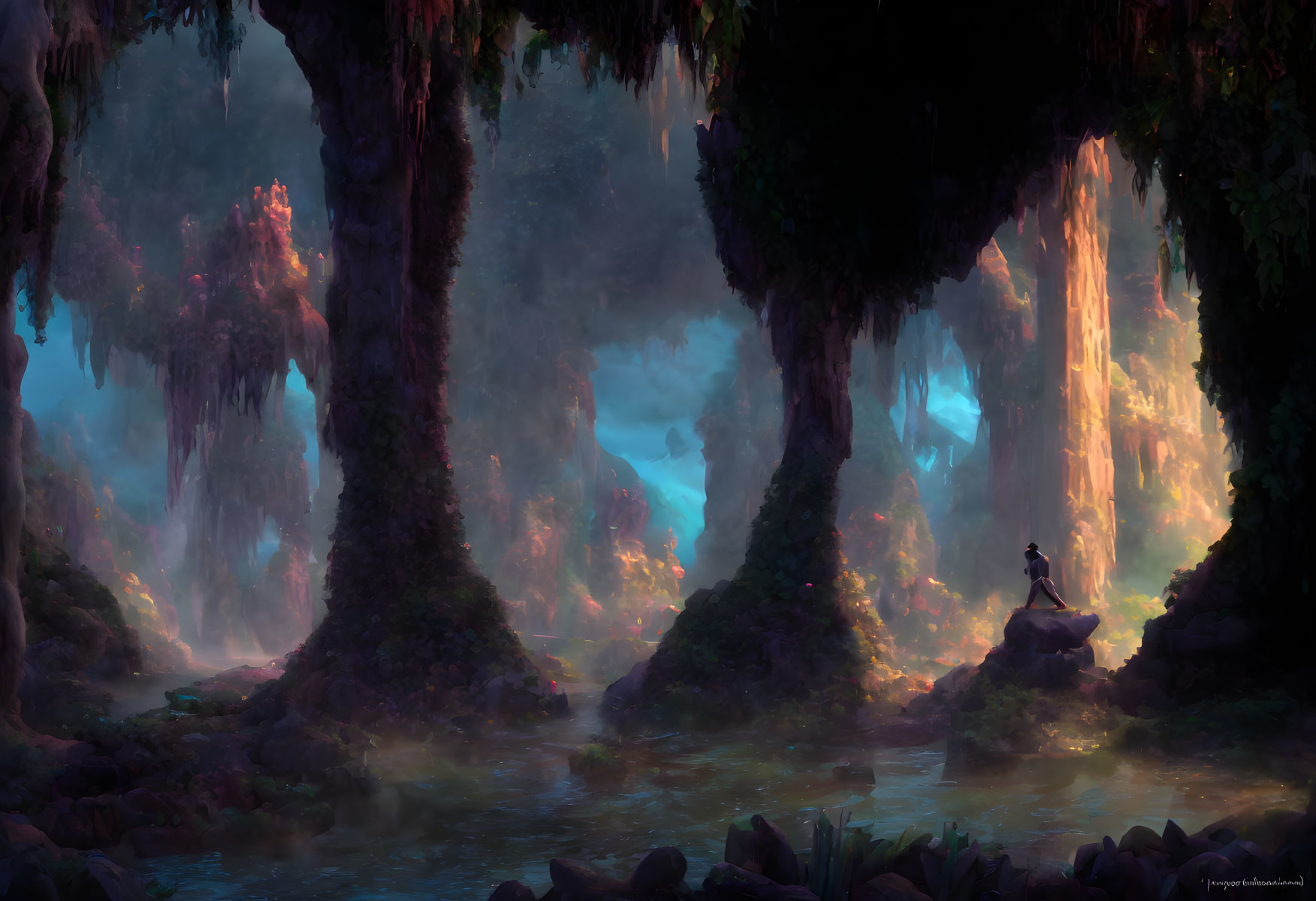 Ethereal fantasy landscape with misty forest, waterfalls, and solitary figure