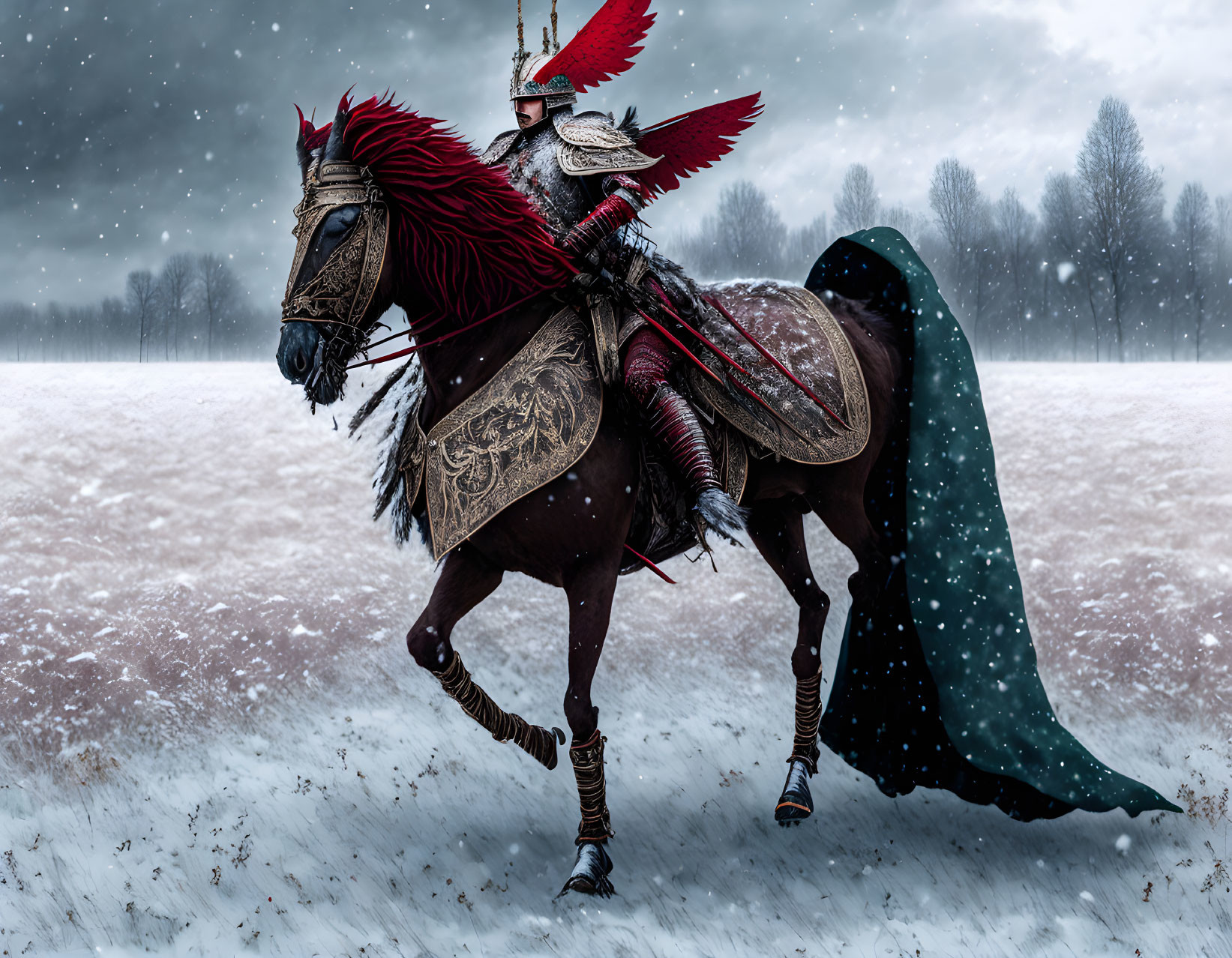 Ornate red and silver armored knight on horse in snowy landscape