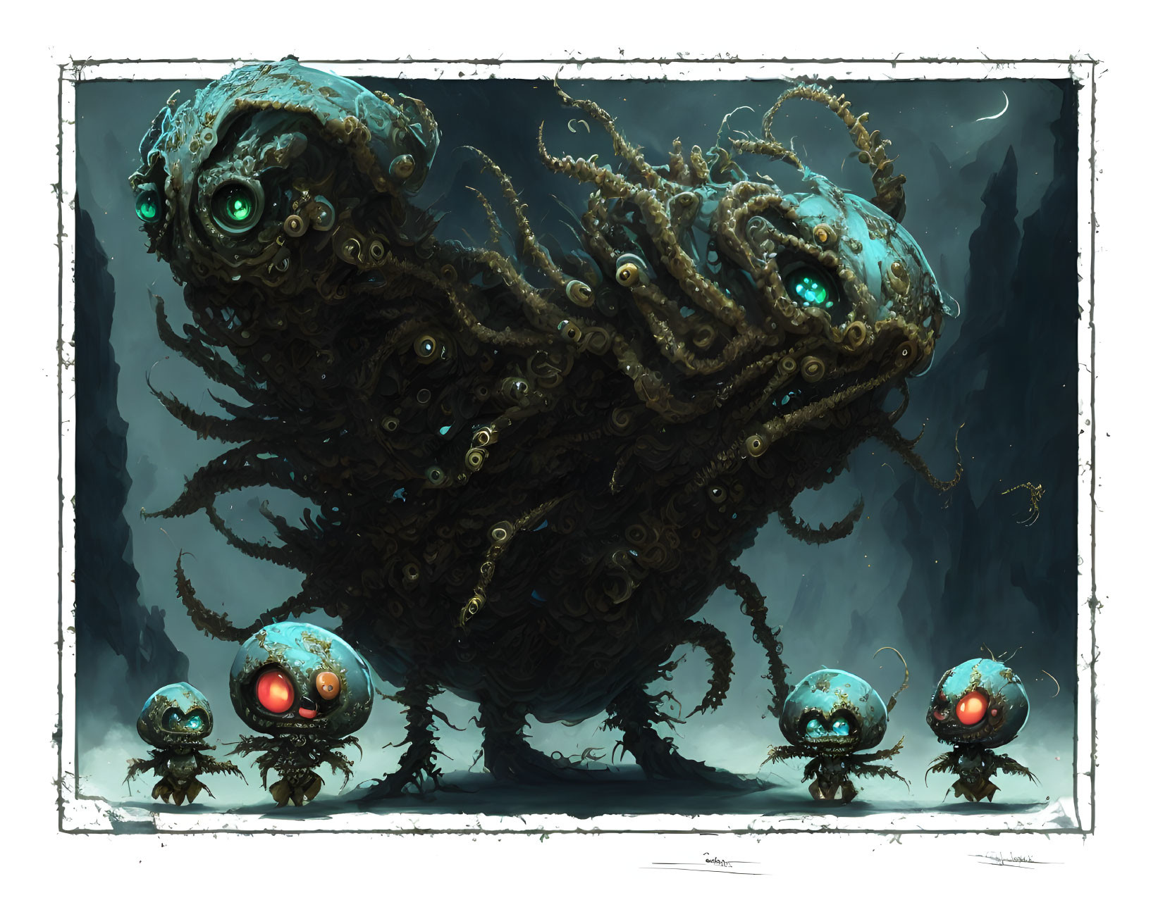 Illustration of Large Creature with Multiple Eyes and Tentacles with Three Smaller Beings