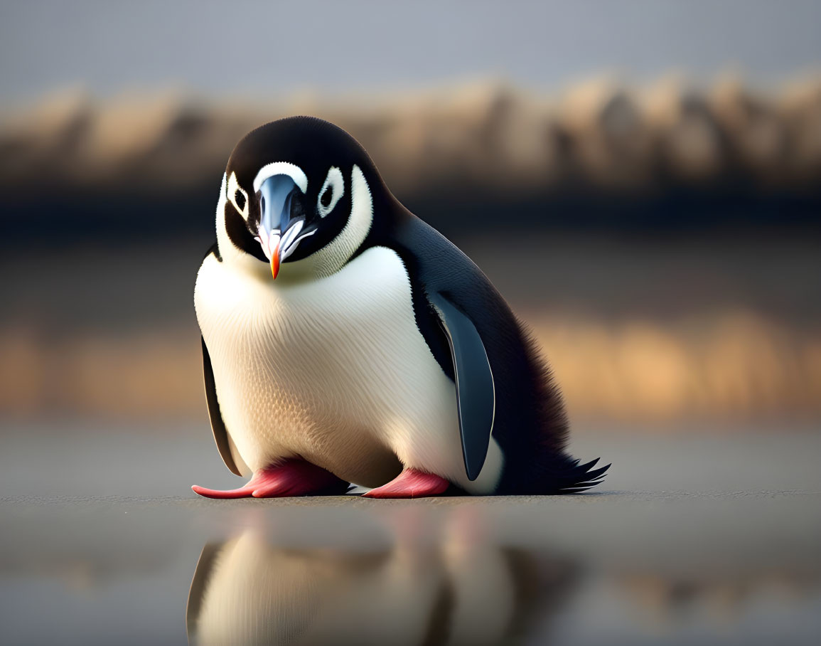 Penguin with black and white plumage on wet surface