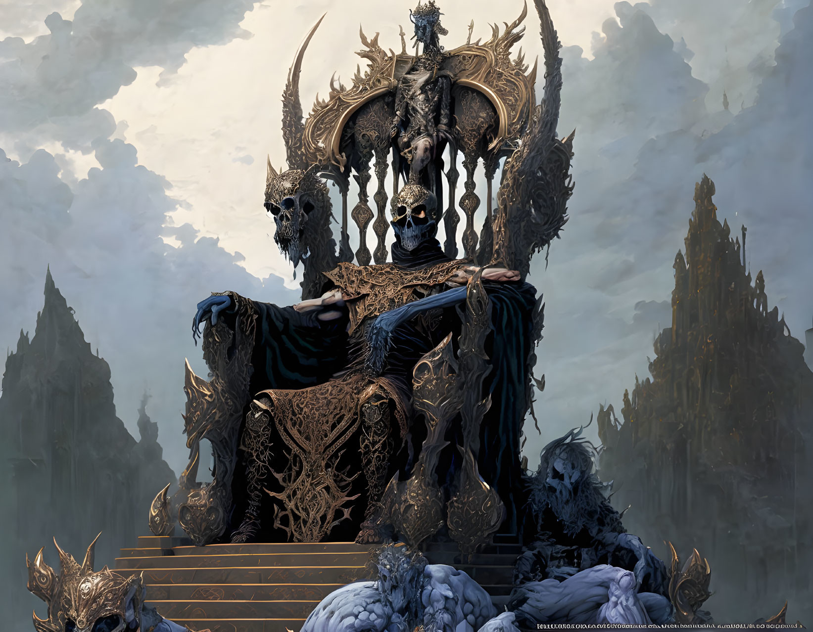 Fantasy figure on skull-adorned throne with minions in dark landscape