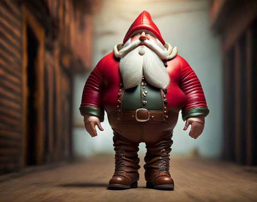 Long white beard, red jacket, green pants, brown boots - Stylized character in wooden hallway