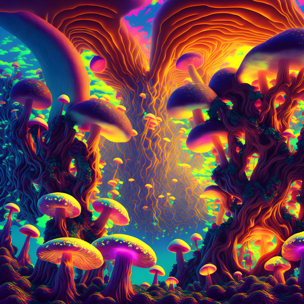 Colorful Mushroom Forest Illustration with Neon Colors & Fantastical Plant Life