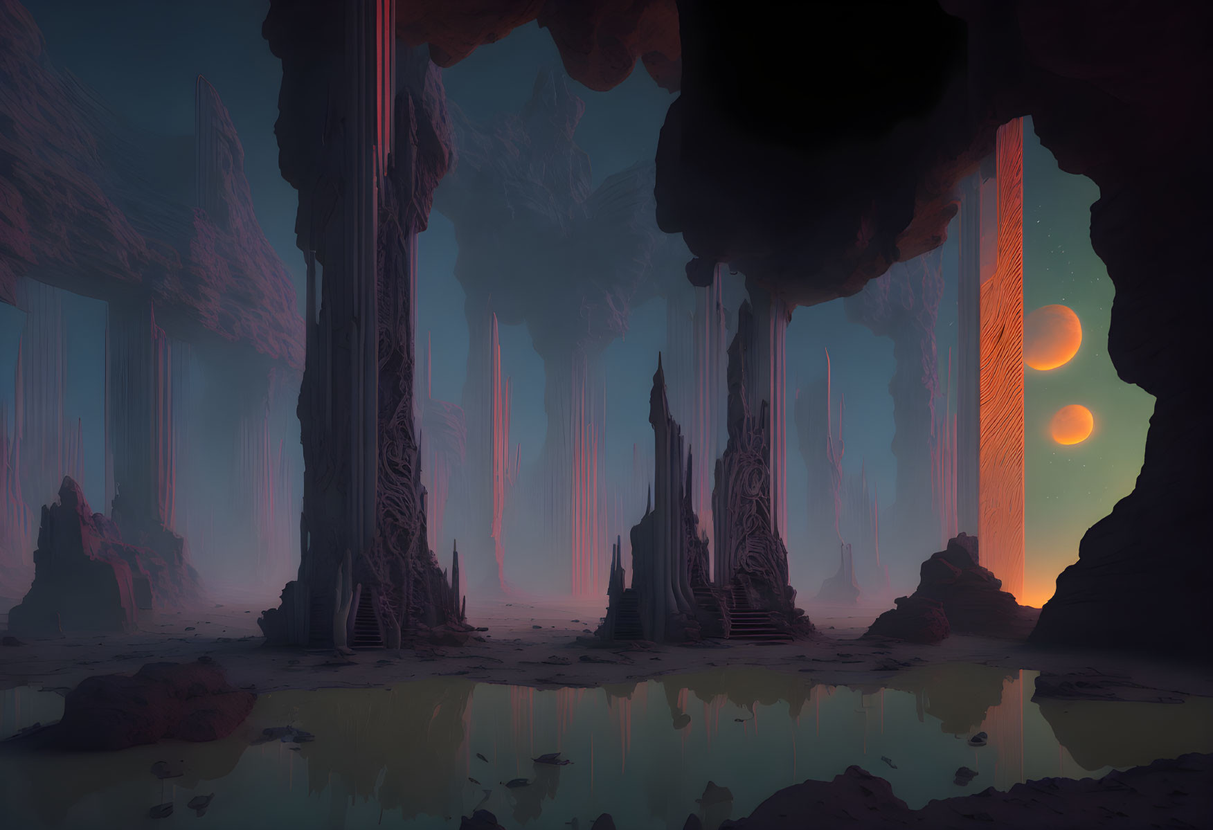 Alien landscape with towering pillars and dual suns reflected in water