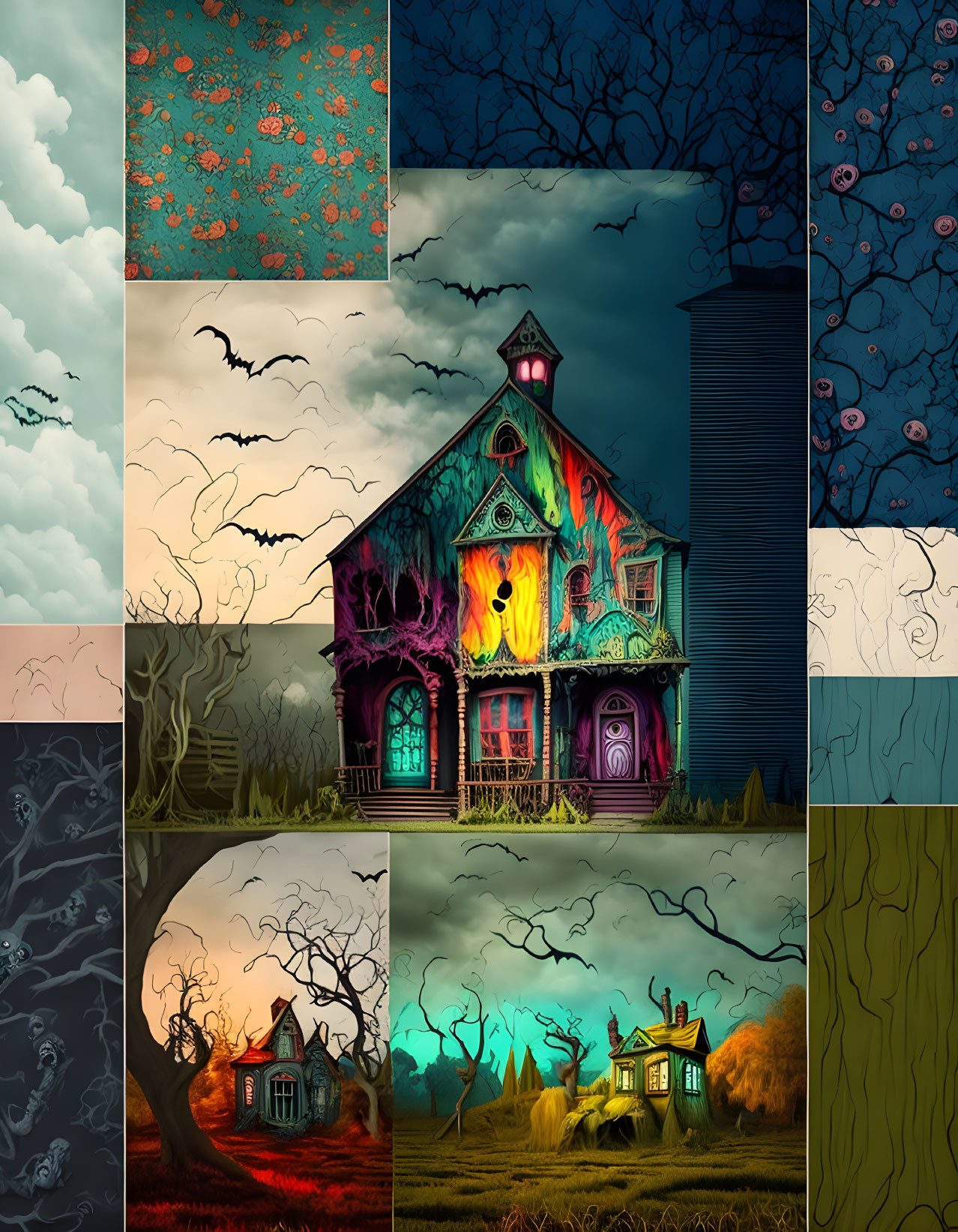 Nine-panel Haunted House Artwork Collage with Eerie Scenes