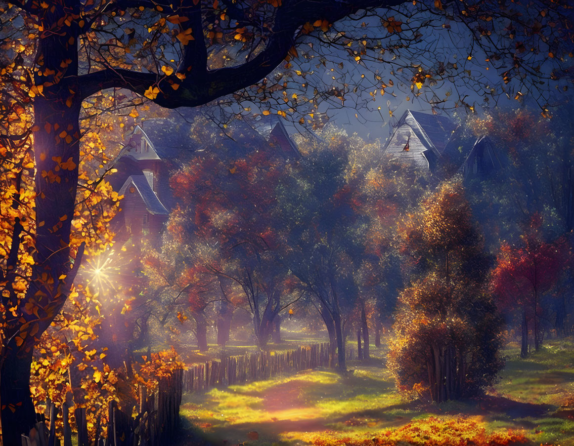 Autumn landscape with sunlight filtering through trees and rustic houses