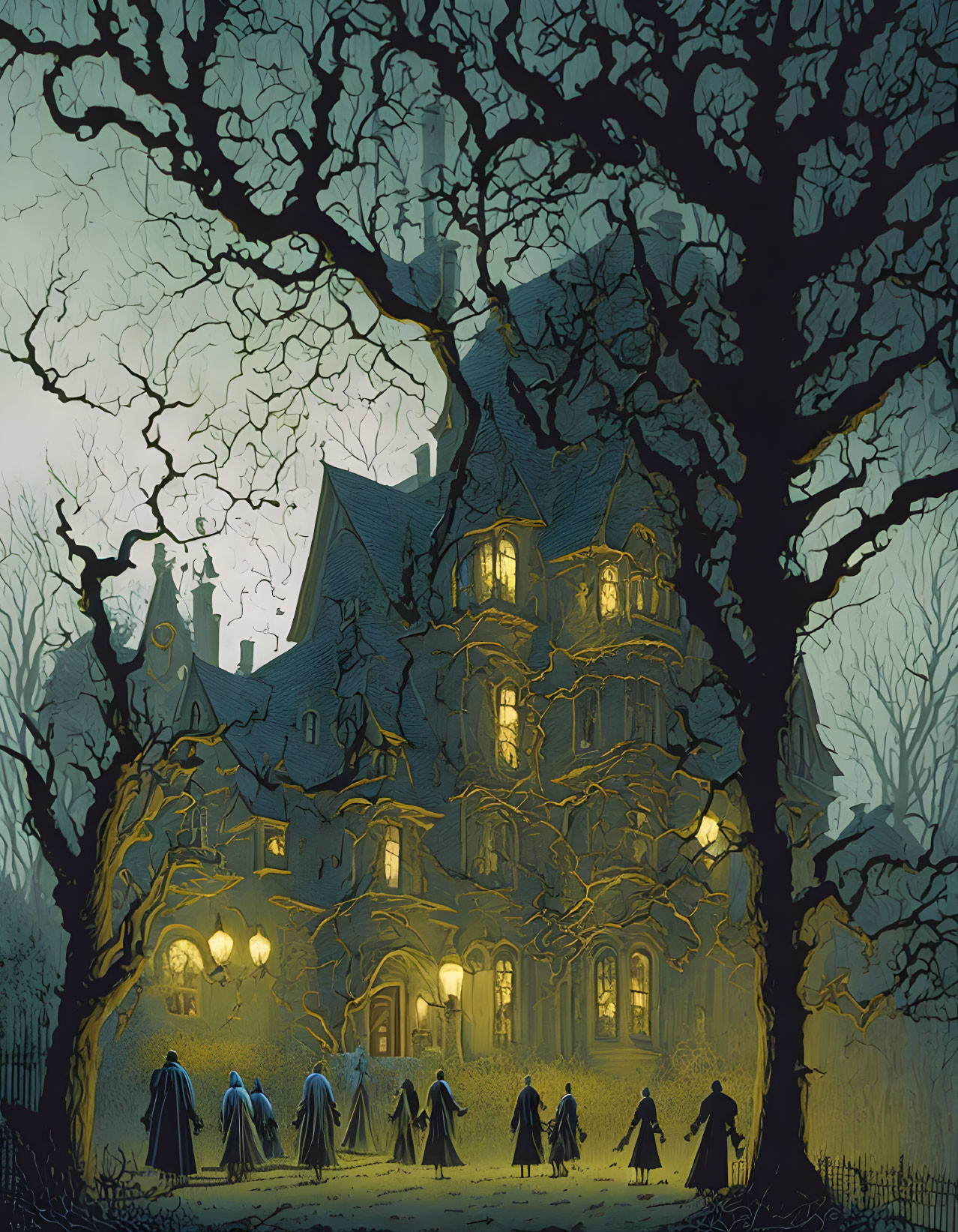 Gothic mansion surrounded by bare trees and shadowy figures under yellow-lit sky