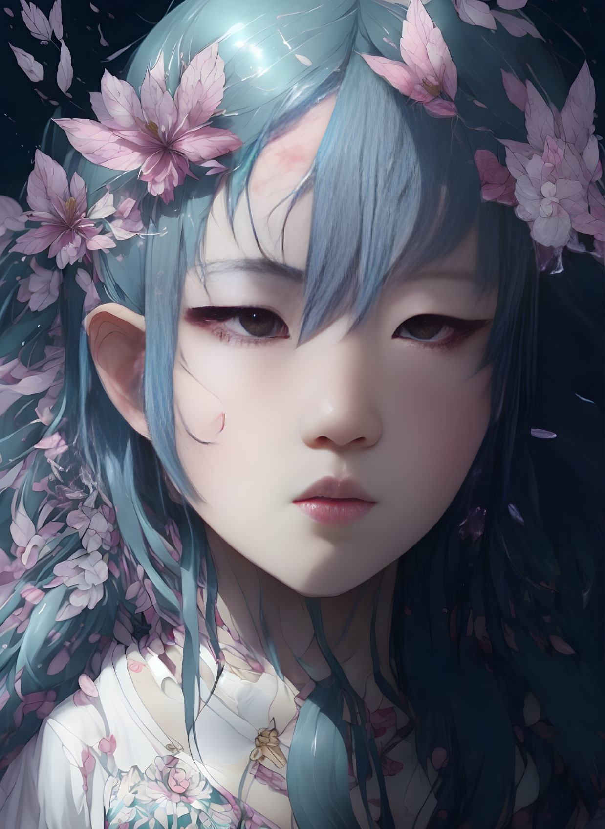 Digital portrait: Character with elfin features, blue hair, pink cherry blossoms, and expressive red