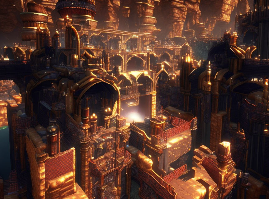 Golden-lit underground city with intricate bridges and tall pillars