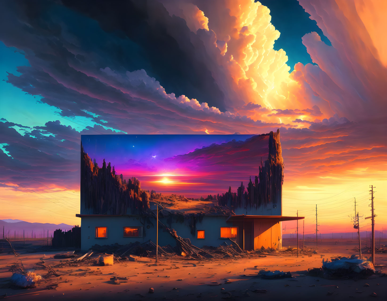 Digital artwork: Isolated building, glowing windows, dramatic sunset sky, towering clouds, surreal mountain screen