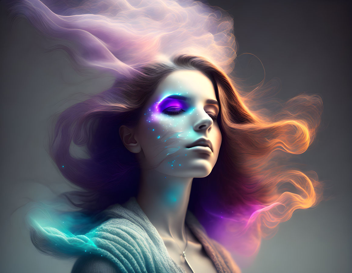 Colorful digital artwork: Woman with flowing hair and galaxy pattern.