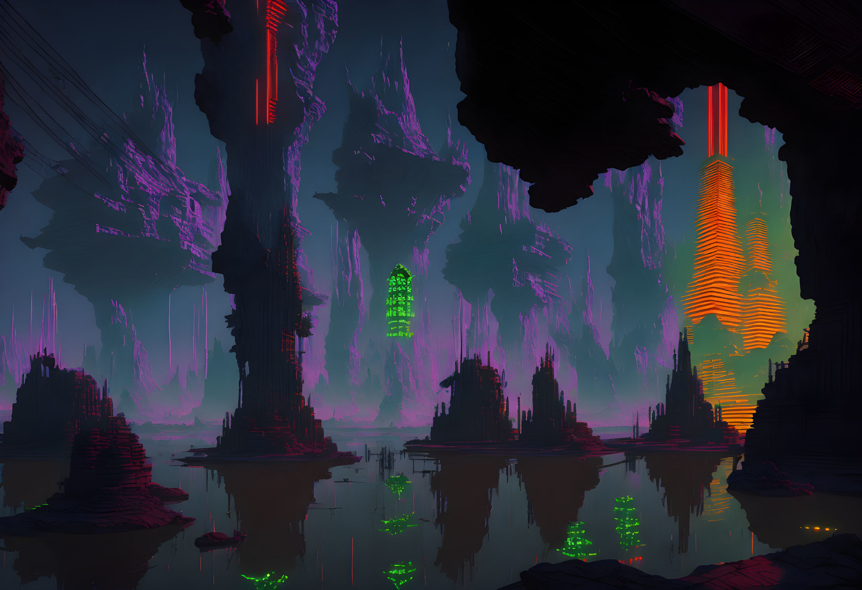 Mystical neon-lit cave with towering stalactites and stalagmites reflected in still water