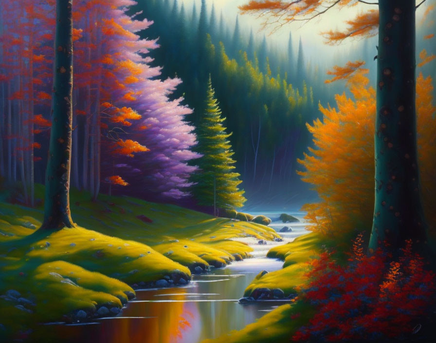 Colorful Forest Scene: Vibrant Foliage & Gentle Stream