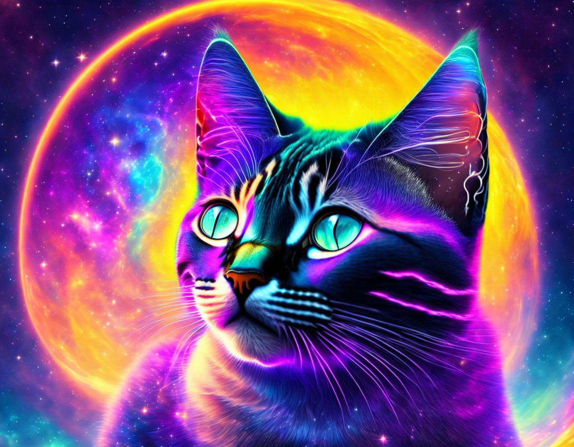 Colorful Cat Artwork with Turquoise Eyes on Psychedelic Space Background